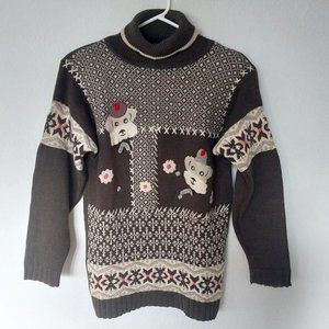 Vintage Esffella 100% Wool Fair Isle Embroidered Bear Novelty Sweater